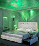 Queen Platform Bed Frame w/LED Lights, Wingback Headboard, USB Ports