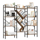 Triple 4 Tier Tree-Shaped Book Shelf 14 Open Display Shelves Wooden Metal Frame Freestanding Storage