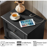 Rustic Pair of Nightstands w/ Drawers and Charging Station for Small Bedroom, Black
