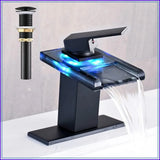 Waterfall Bathroom Sink Faucet, Matte Black Single Hole Vanity Faucet with Metal Pop Up Drain and Supply Line