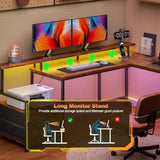 66 L Shaped Computer Desk with Power Outlet LED Lights Reversible Corner Home Office Desk