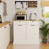 White Farmhouse Kitchen Storage Cabinet with Barn Doors Wooden Top Multi Purpose