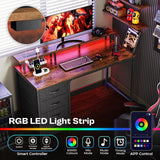 47 Inch Computer Desk with Builtin Power Outlets and Ambient LED Lights for Gaming and Office Use
