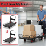 2 IN 1 Silent TPR Wheels Hand Trucks W/Steel Wire Fence Fold Pull Goods Cart