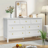 7 Drawer Dresser with Wide Drawers and Gold Metal Handles, 55 White