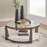Contemporary Round Glass Coffee Table in Gray, Brown, and Gold Finish