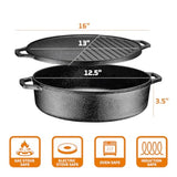 6.8 Quart Cast Iron Skillet with Reversible Grill Griddle Lid - 3-in-1 Black Round Cast Iron