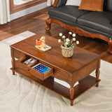 Vintage Solid Wood Coffee Table with 2 Drawers & Storage Shelf