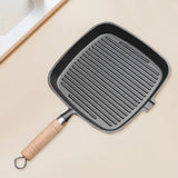 Cast Iron Skillet Steak Pan with Wooden Handle Uncoated Non-stick Frying Pan