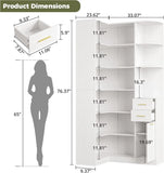 76" Tall Corner Bookshelf, 6-Tier L-Shaped Bookcase with 10 Shelves and 2 Drawers