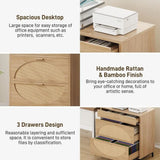 3-Drawer Rattan File Cabinet, A4 Size Hanging Files, Large Wooden Printer Stand for Home Office