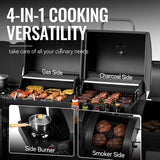 2-Burner Gas and Charcoal Combo Grill with Offset Smoker & Side Burner