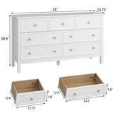 7 Drawer Dresser with Wide Drawers and Gold Metal Handles, 55 White