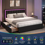 Queen Bed Frame with 4 Drawers, Faux Leather Upholstered, LED Lights