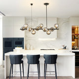 10-Light Matte Black Adjustable Chandelier with Smoked Glass Globe Shades Mid
