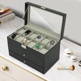 3 Tier Watch & Jewelry Box w/ 12 Watch Slots Tip Tier and 2 Pull -Out Drawers