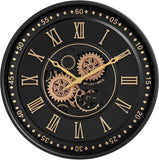 24 Inch Wall Clock with Moving Gears, Black Gold Roman Numeral Wall Clocks