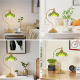 Vintage Green Glass Flower Desk Lamp With Gold Metal Base For Bedroom