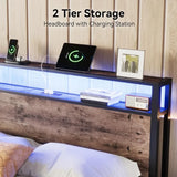 Full Size Bed Frame with Storage Headboard, LED Lights, Charging Station