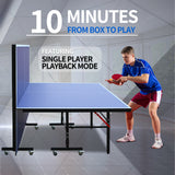 8 ft Blue Foldable Table Tennis Table Set, Portable Ping Pong Table with Net