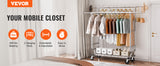 VEVOR Adjustable Length Clothes Rack w/ Bottom Shelf & Wheels for Laundry